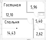 Планировка — Про.Молодость, 1-комн., 41 м²