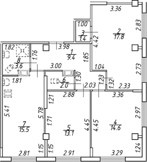 Планировка — Ромашки, 3-комн., 77 м²