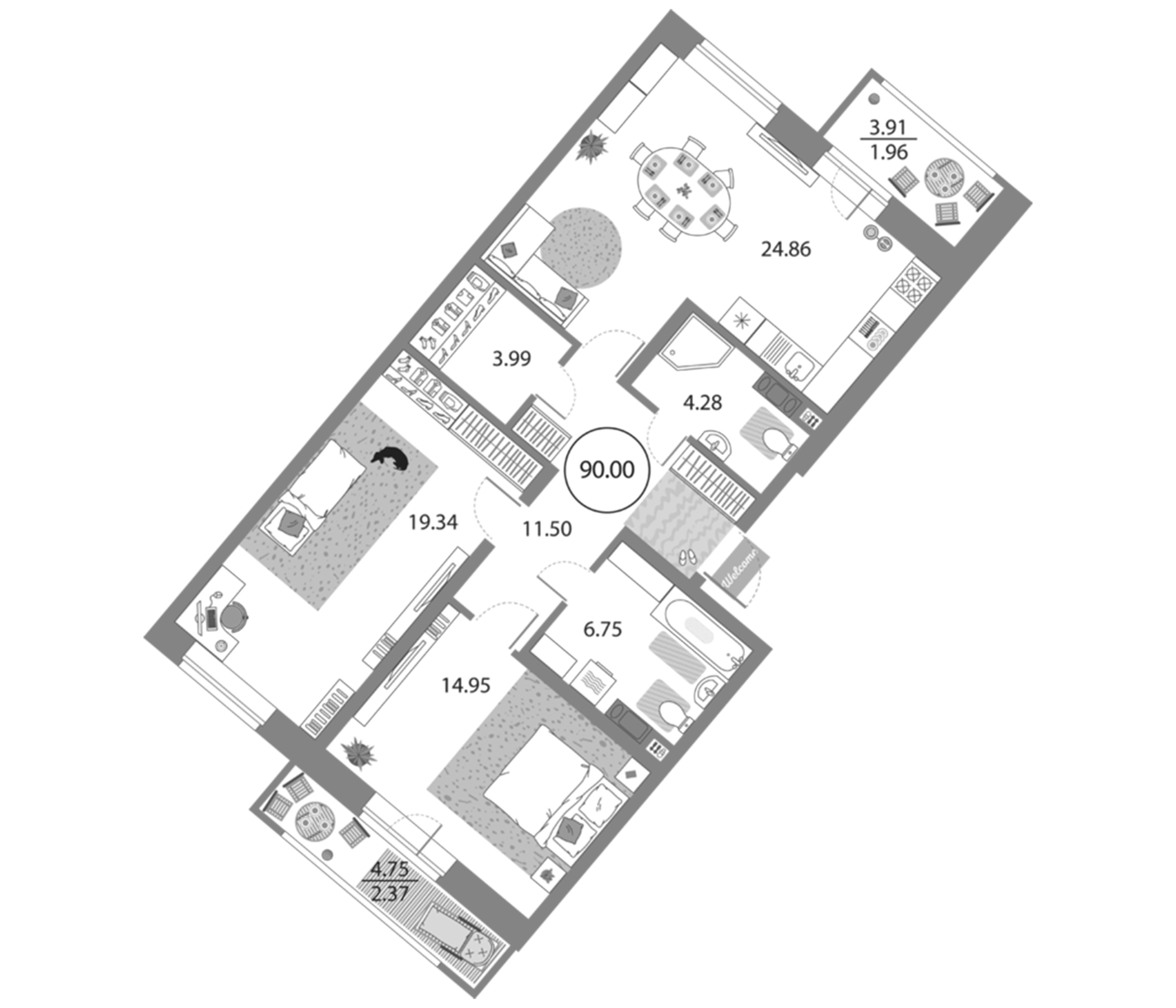 Планировка — Modum, 3-комн., 86 м²