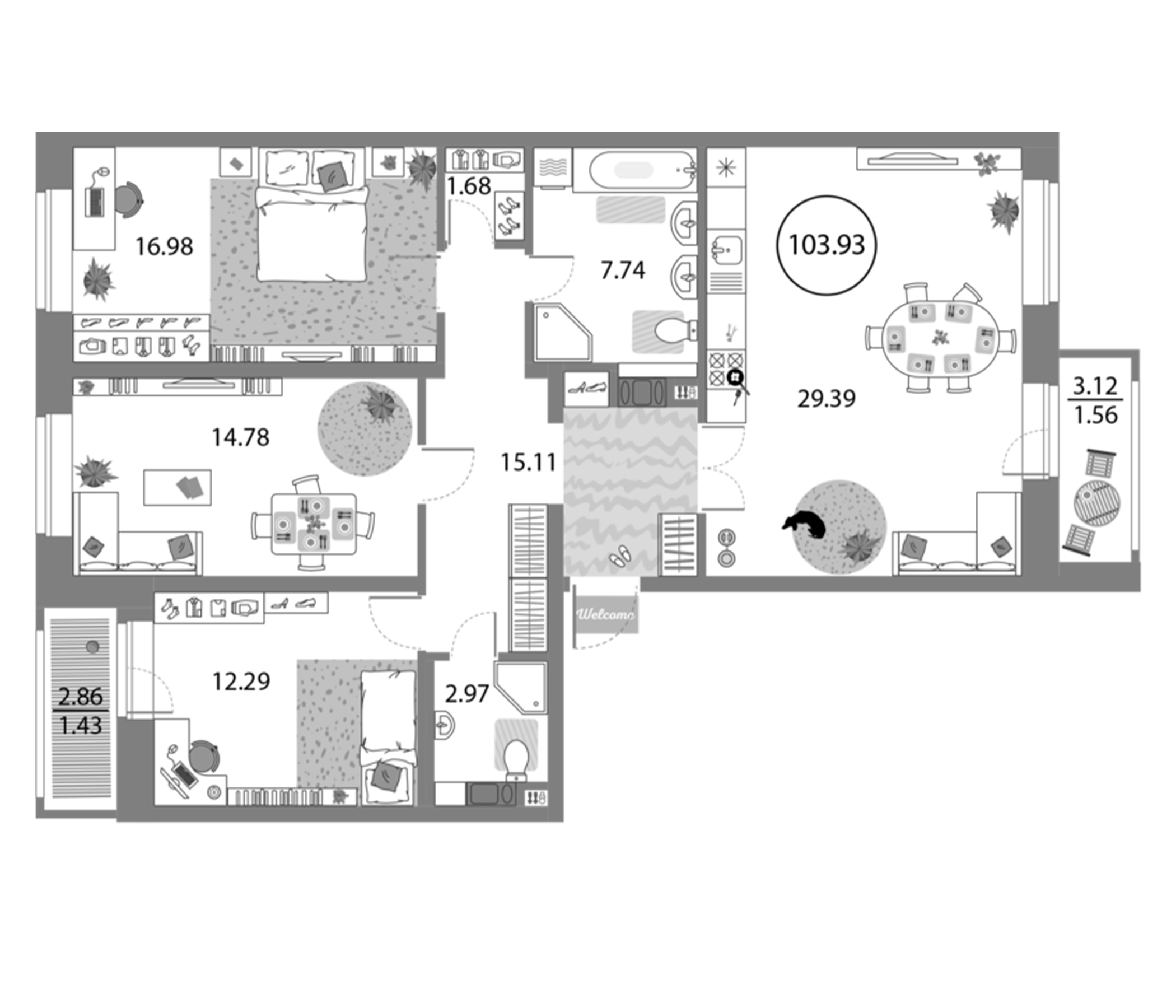 Планировка — Modum, 4-комн., 101 м²
