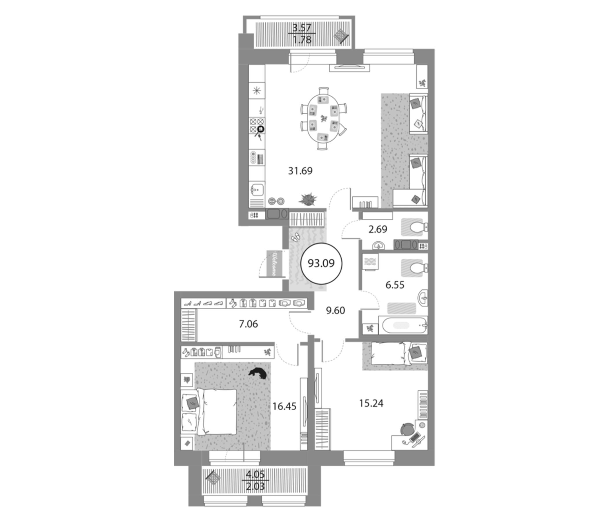 Планировка — Modum, 3-комн., 89 м²
