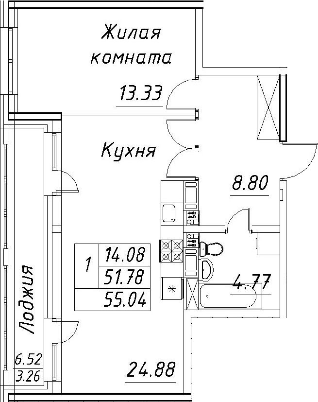 Планировка — Modum, 2-комн., 52 м²
