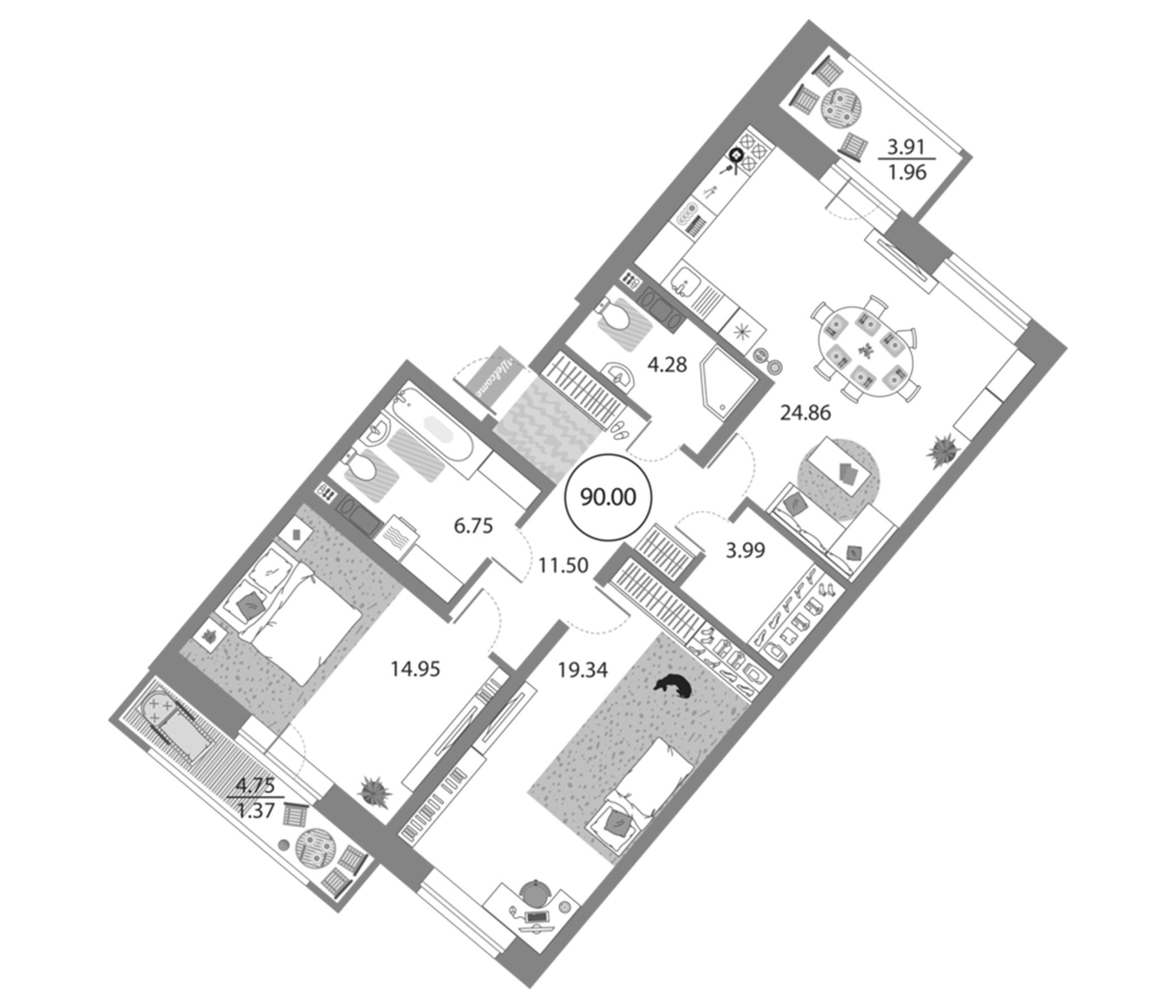 Планировка — Modum, 3-комн., 86 м²