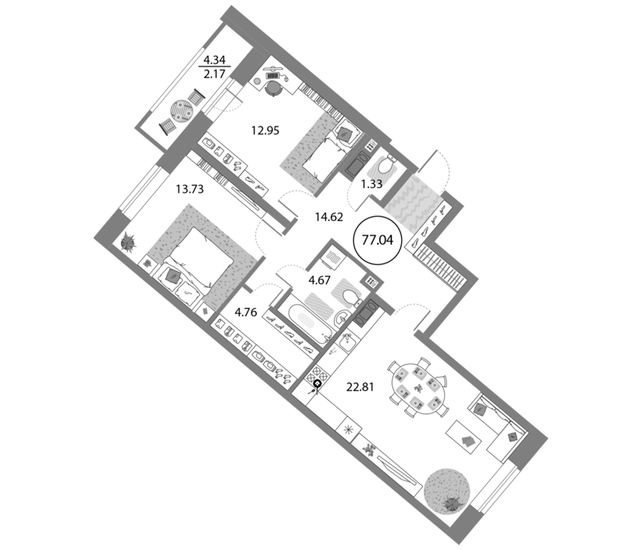 Планировка — Modum, 3-комн., 75 м²