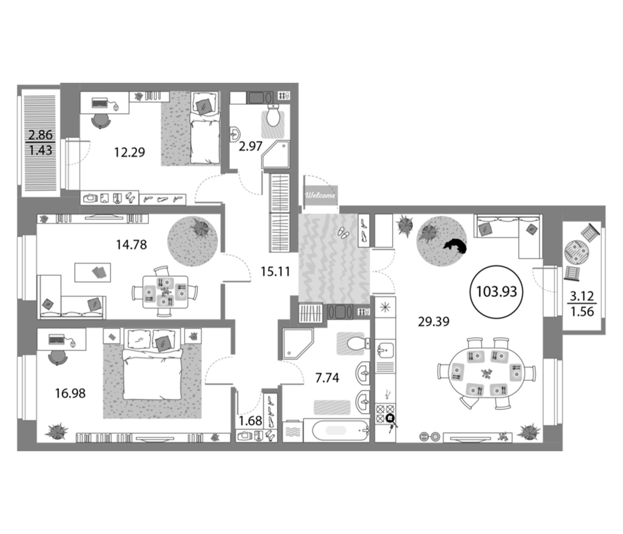 Планировка — Modum, 4-комн., 101 м²