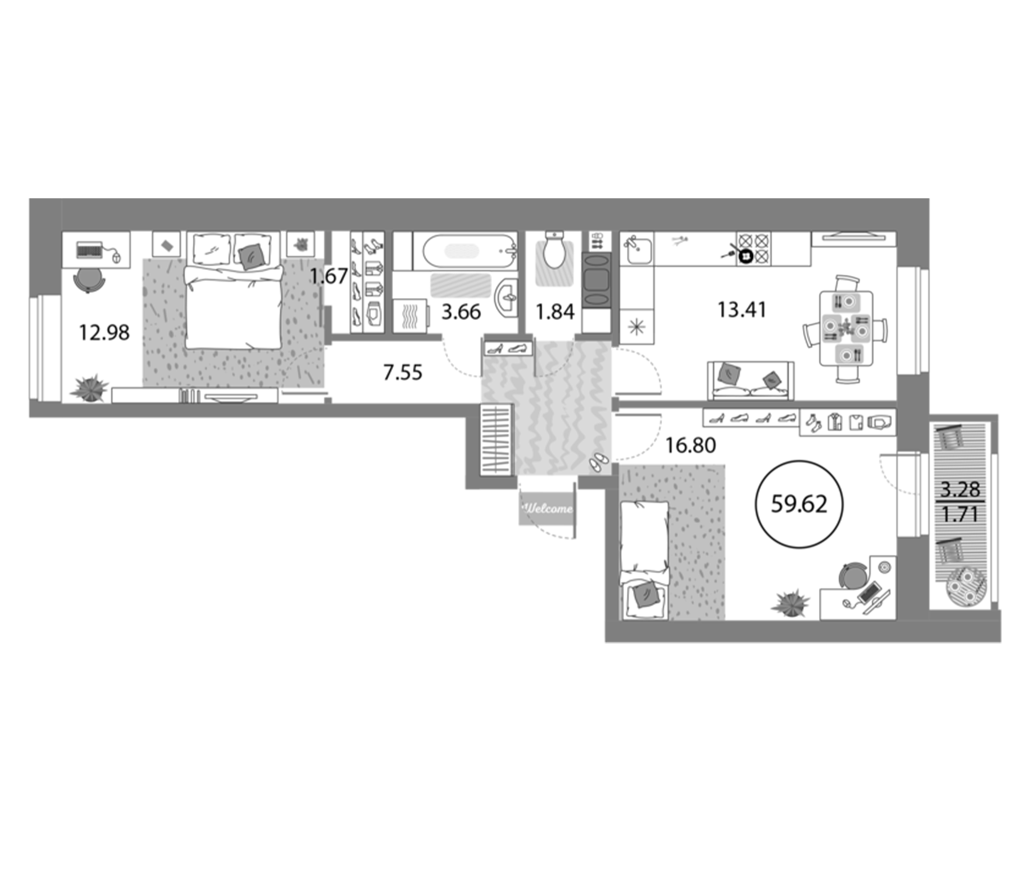 Планировка — Modum, 2-комн., 58 м²