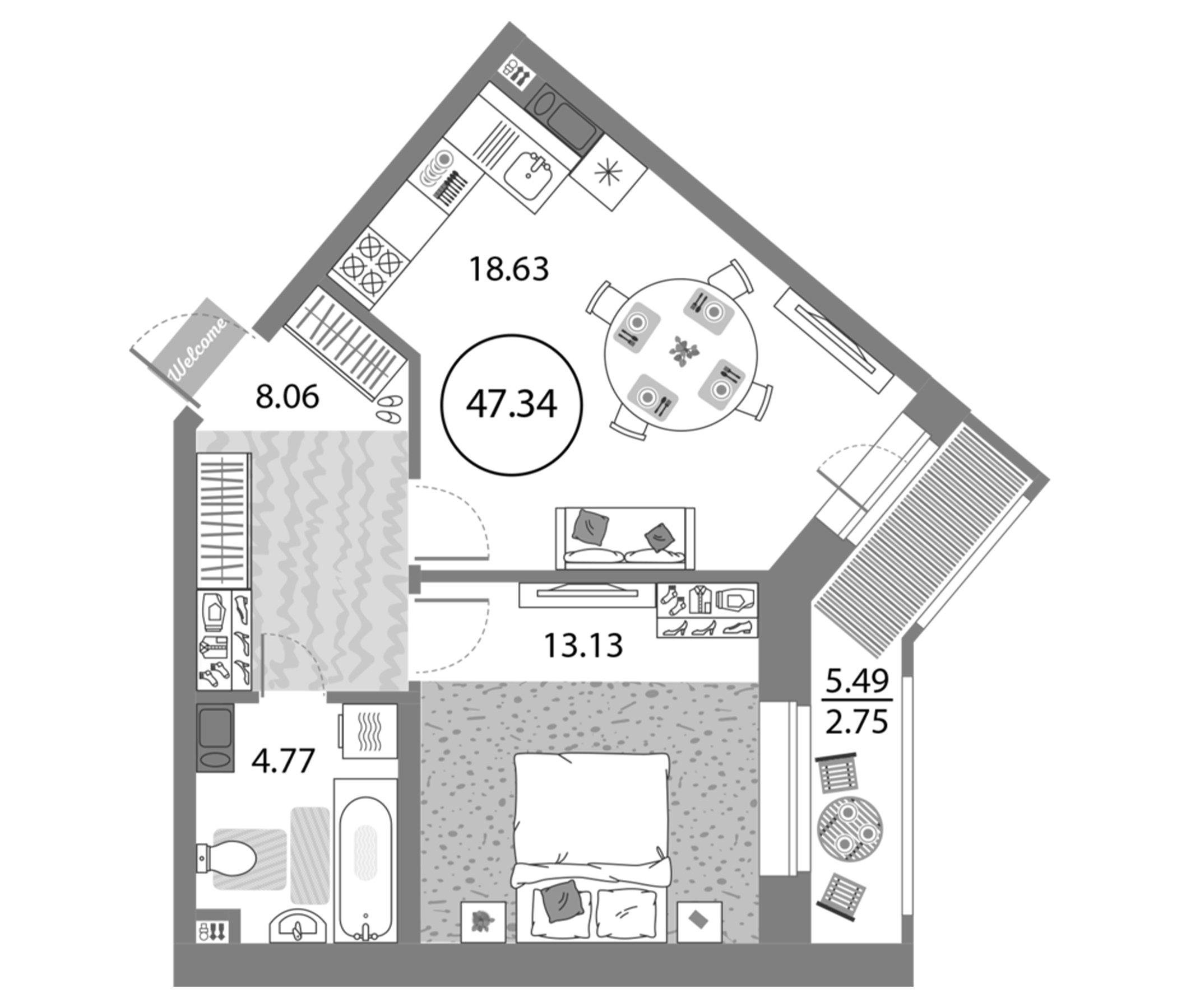 Планировка — Modum, 2-комн., 45 м²