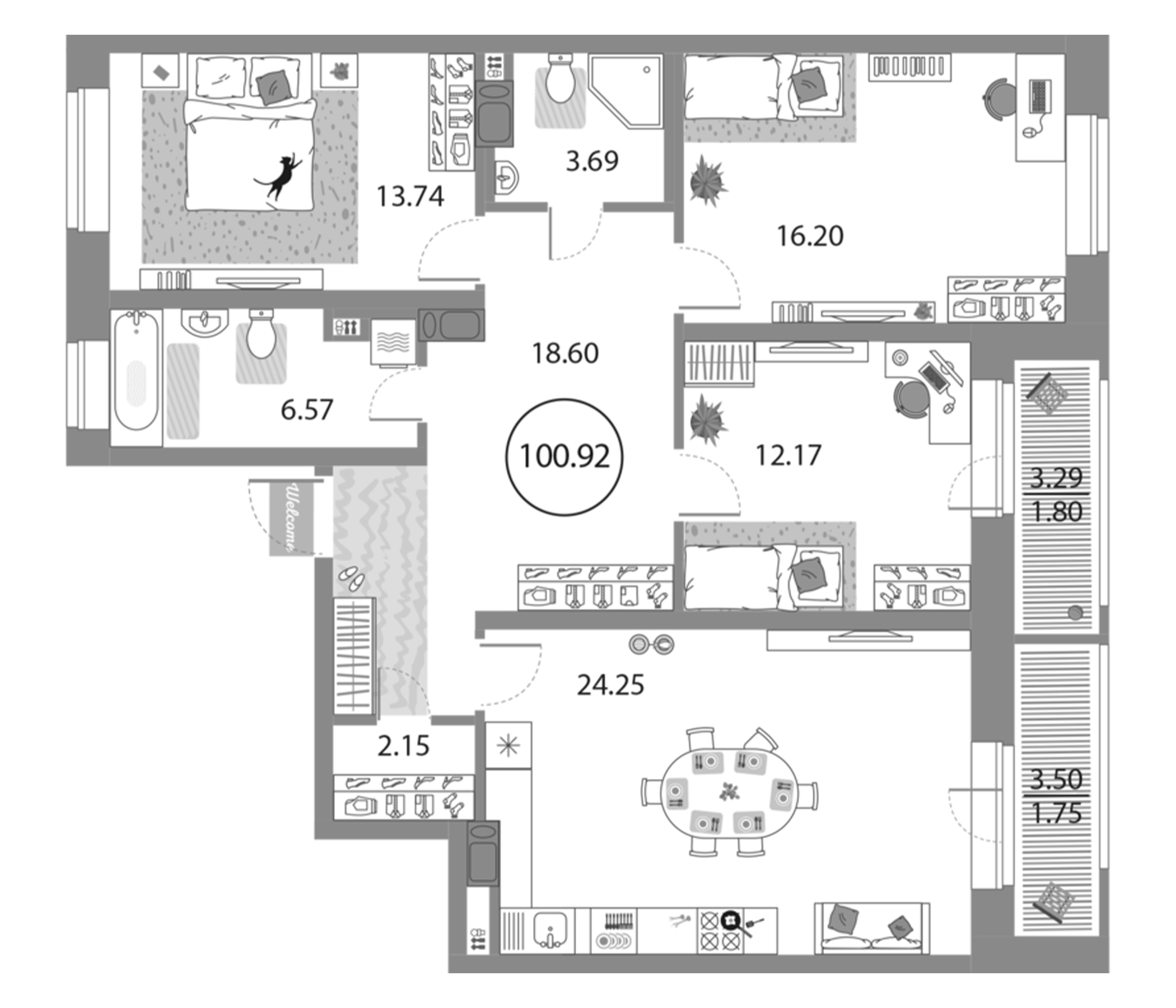 Планировка — Modum, 4-комн., 97 м²