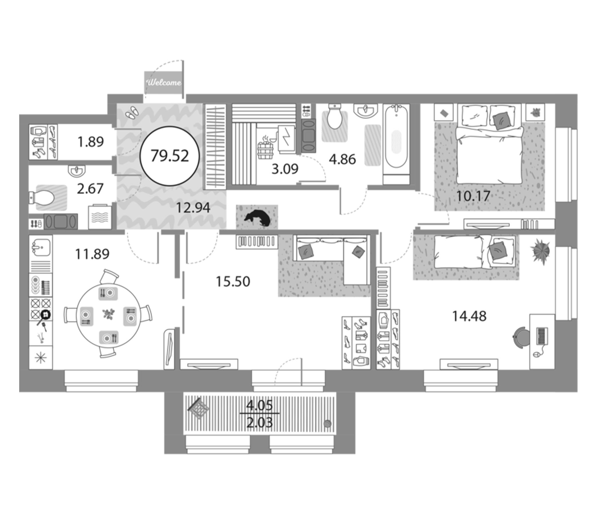 Планировка — Modum, 3-комн., 77 м²