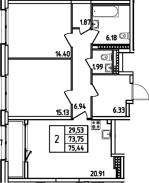 Планировка — Дефанс, 3-комн., 74 м²