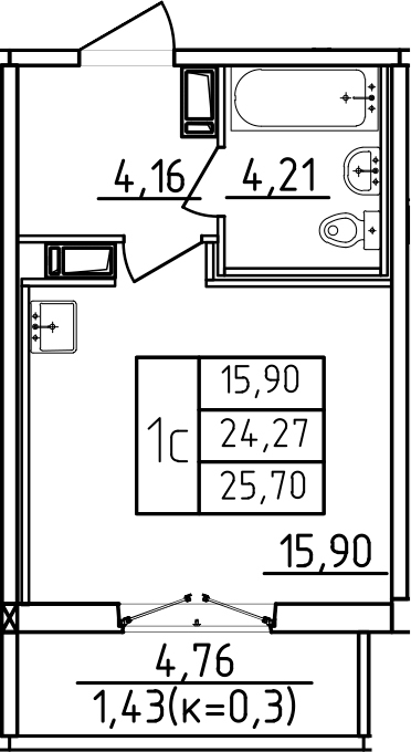 Планировка — Аэросити, Студия, 25 м²