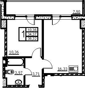 Планировка — Wings, 2-комн., 36 м²
