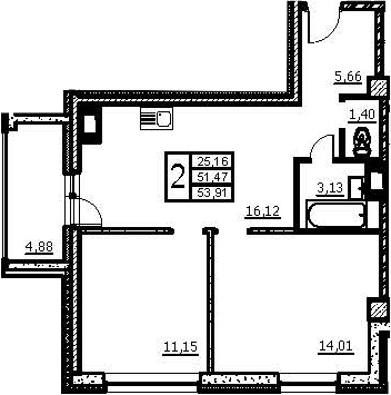 Планировка — Wings, 3-комн., 52 м²