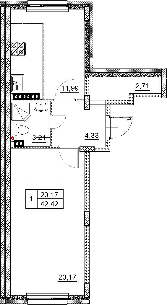 Планировка — ВЕРЕВО-СИТИ, 1-комн., 42 м²