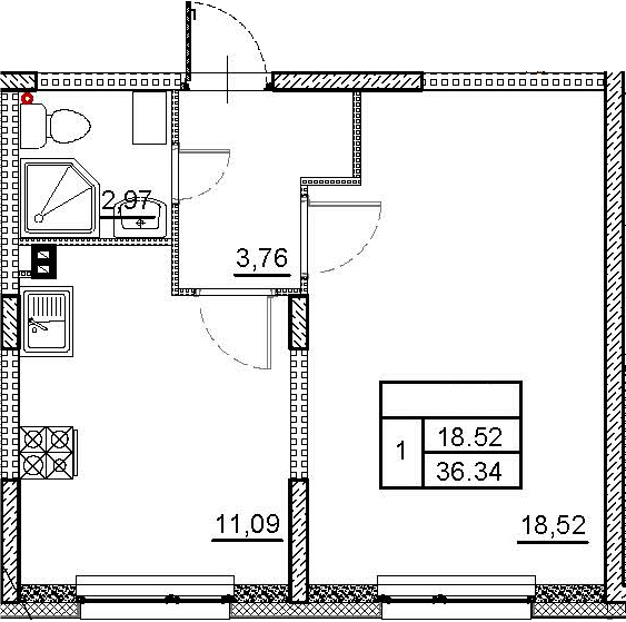 Планировка — ВЕРЕВО-СИТИ, 1-комн., 36 м²