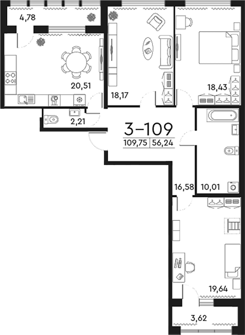 Планировка — Familia, 4-комн., 106 м²