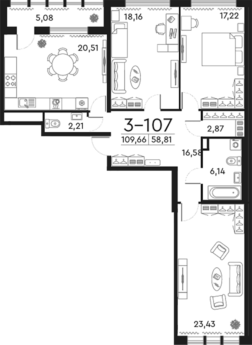 Планировка — Familia, 4-комн., 107 м²