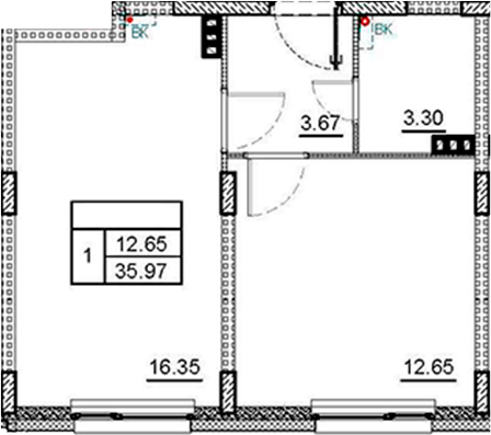 Планировка — ВЕРЕВО-СИТИ, 2-комн., 36 м²