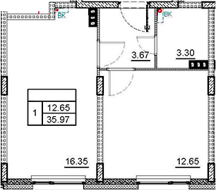 Планировка — ВЕРЕВО-СИТИ, 2-комн., 36 м²