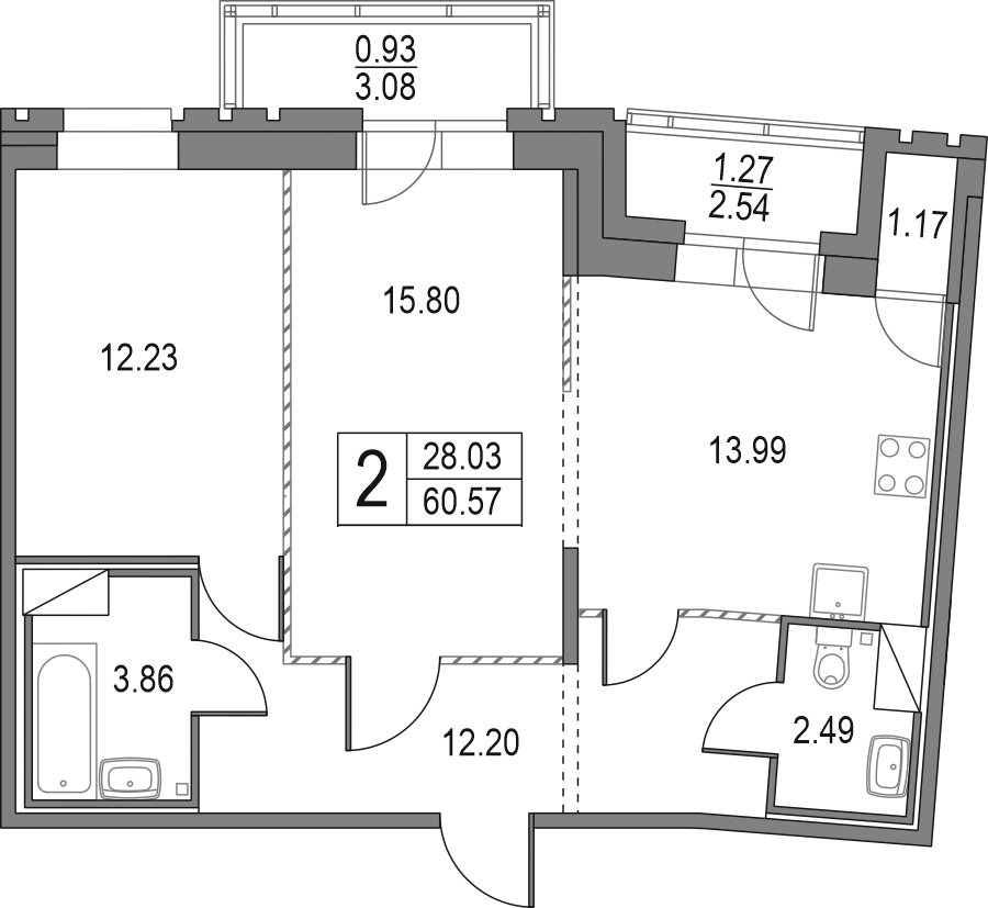 Планировка — Приморский квартал, 2-комн., 61 м²