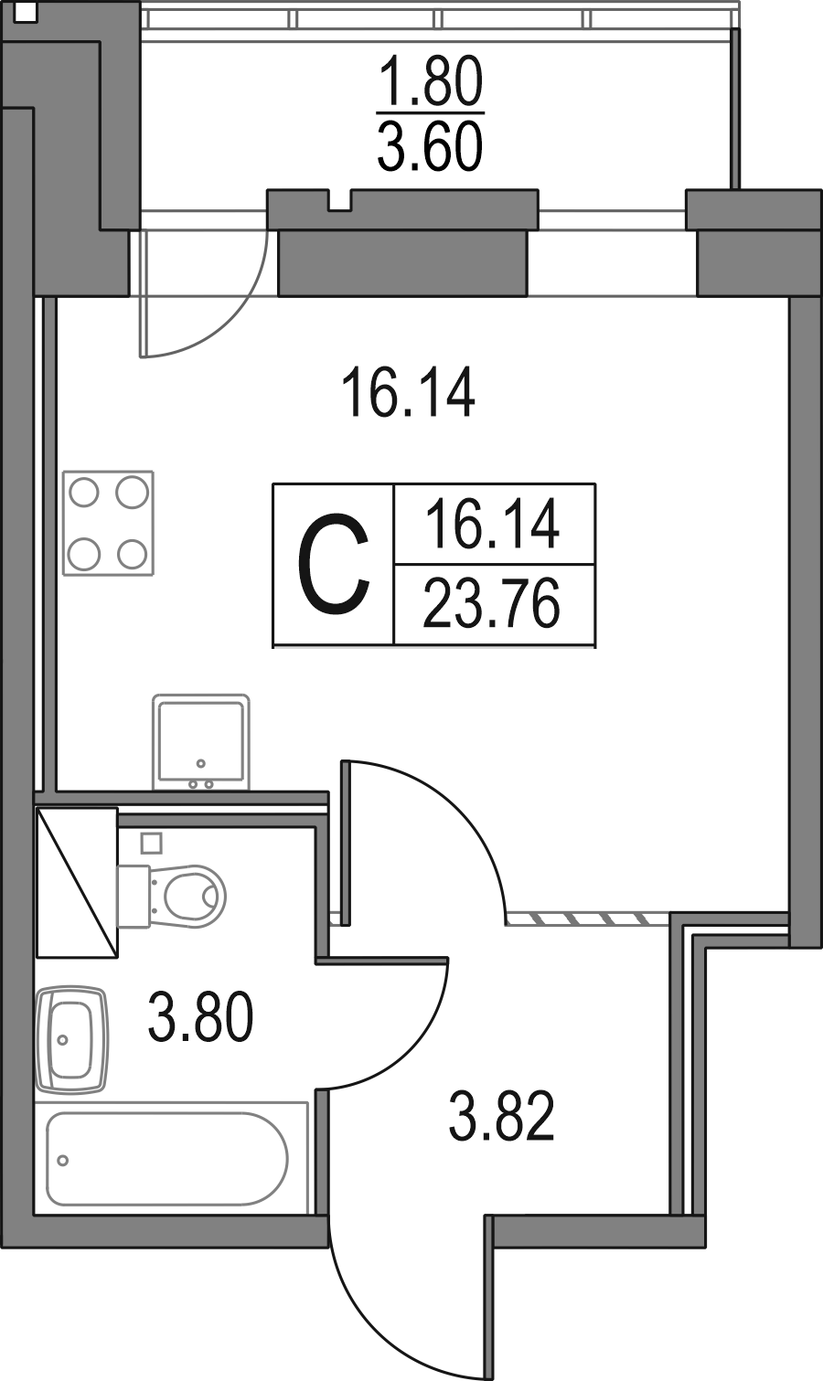 Планировка — Приморский квартал, Студия, 24 м²