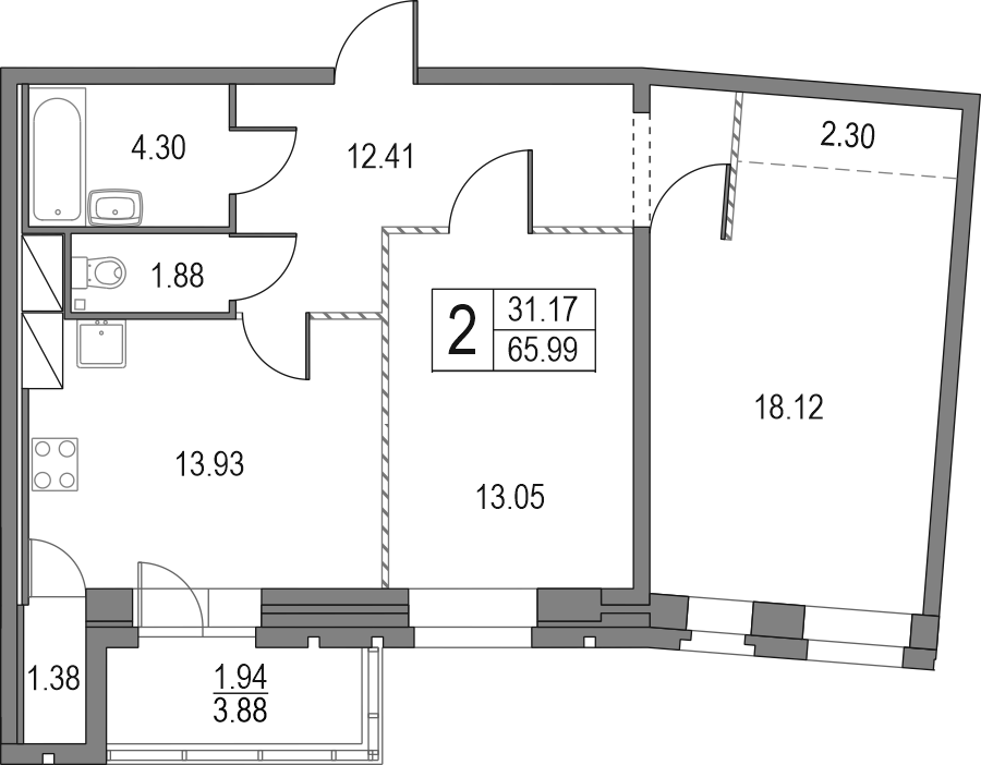 Планировка — Приморский квартал, 2-комн., 66 м²