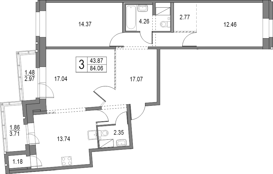 Планировка — Приморский квартал, 3-комн., 84 м²