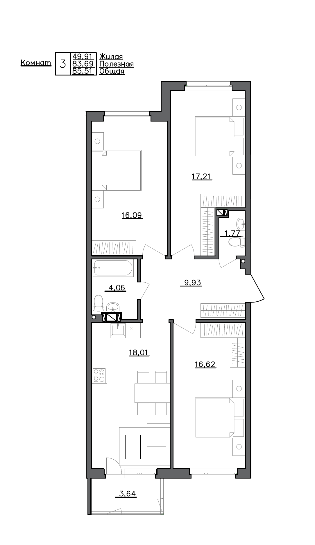 Планировка — Счастье 2.0, 4-комн., 85 м²