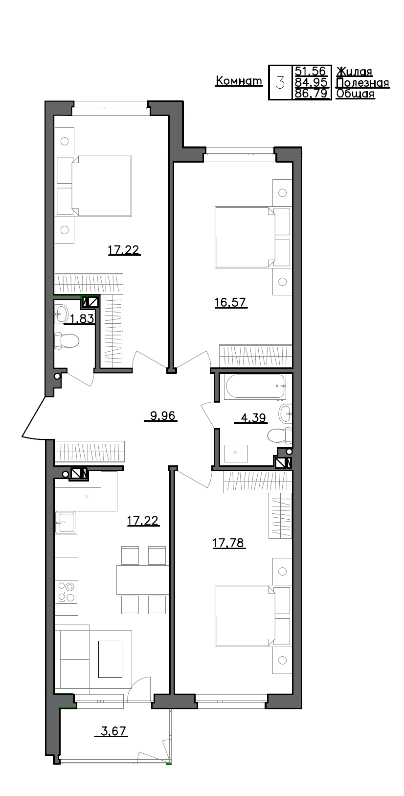 Планировка — Счастье 2.0, 4-комн., 85 м²