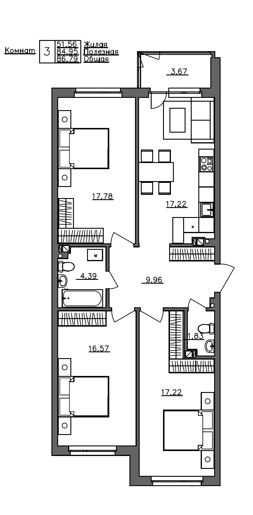 Планировка — Счастье 2.0, 4-комн., 86 м²