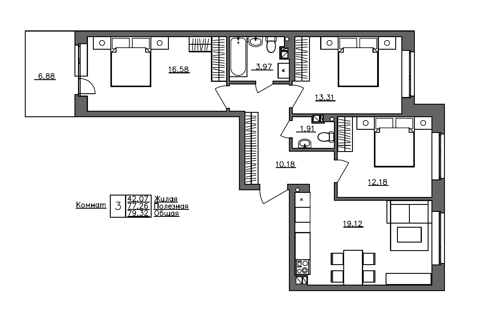 Планировка — Счастье 2.0, 4-комн., 77 м²