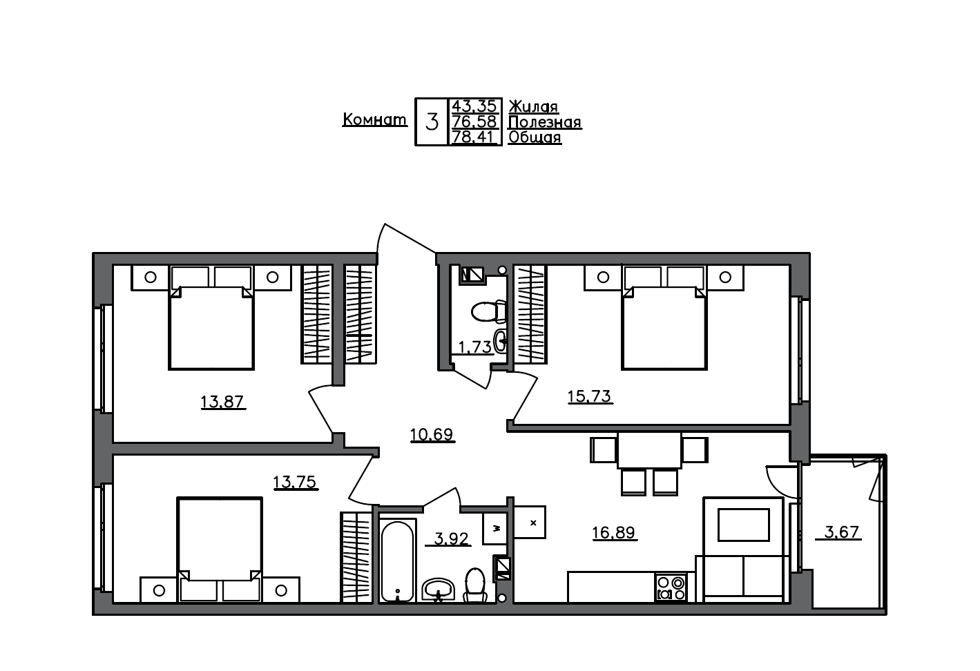 Планировка — Счастье 2.0, 4-комн., 77 м²