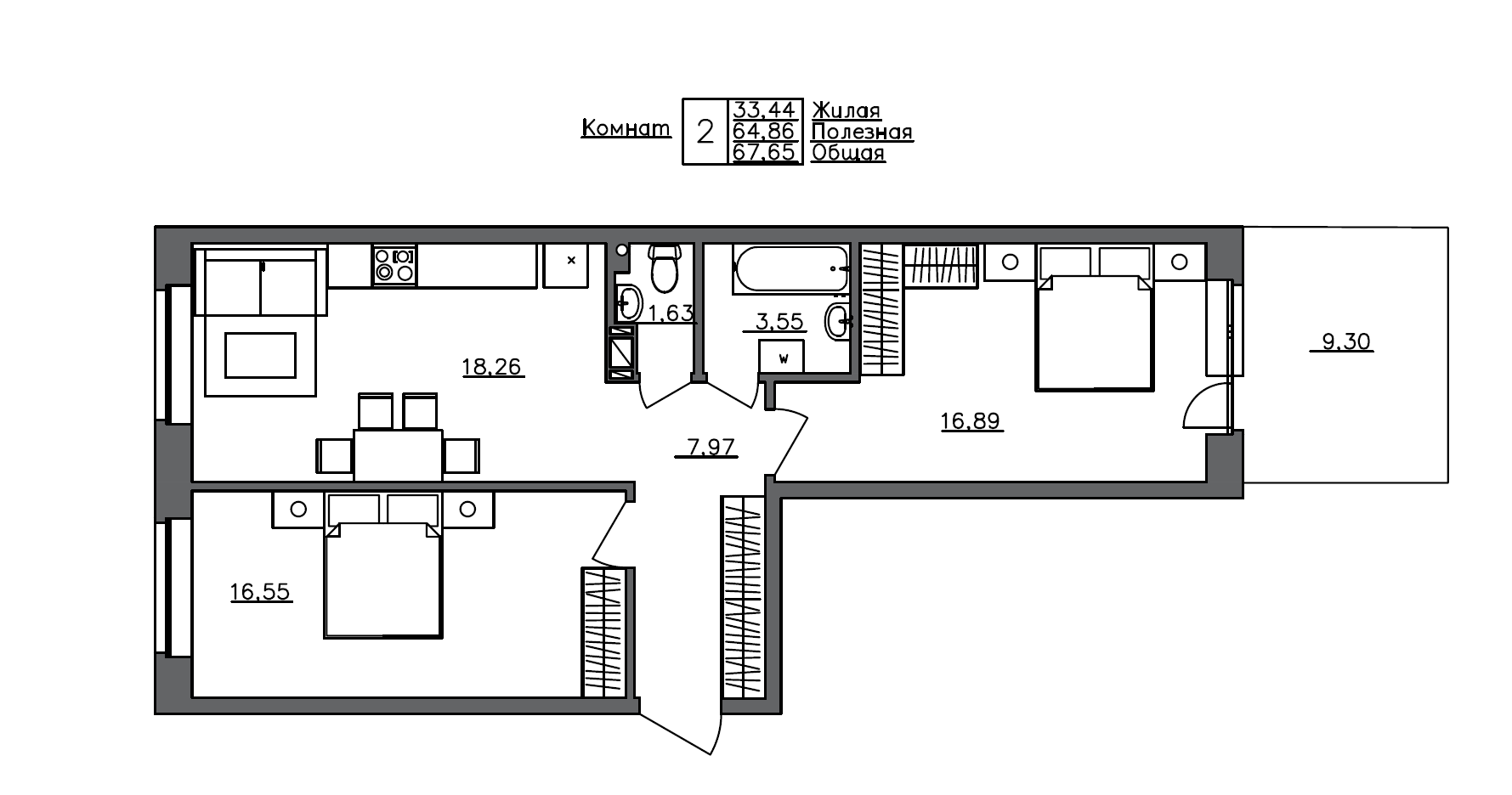 Планировка — Счастье 2.0, 3-комн., 65 м²