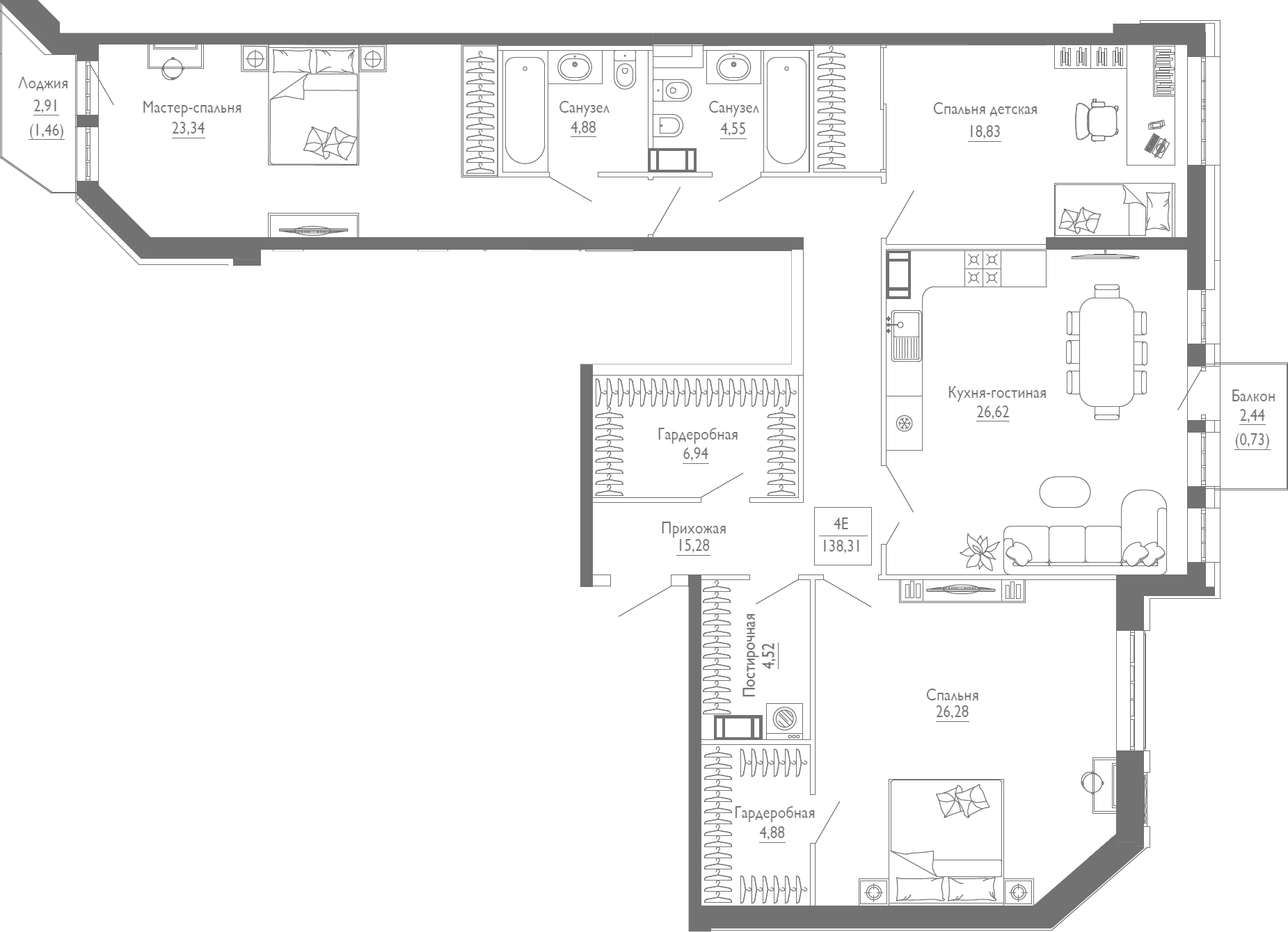 Планировка — Monodom Line, 4-комн., 135 м²