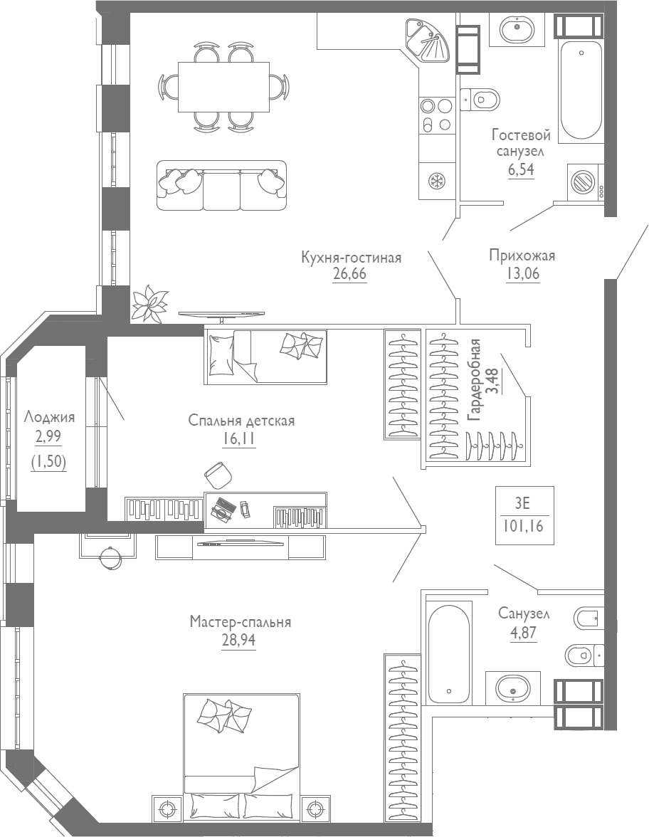 Планировка — Monodom Line, 3-комн., 98 м²
