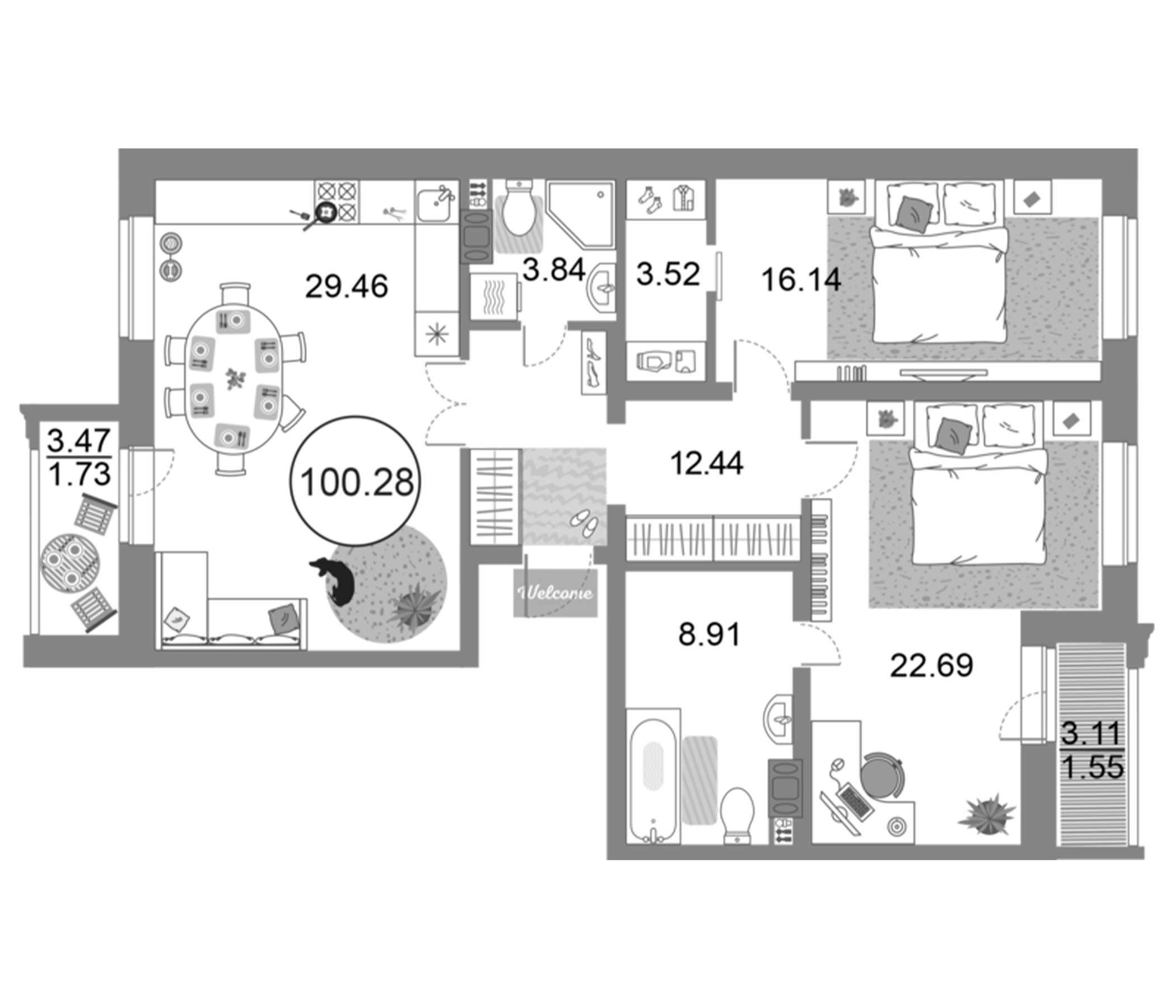 Планировка — Modum, 3-комн., 97 м²