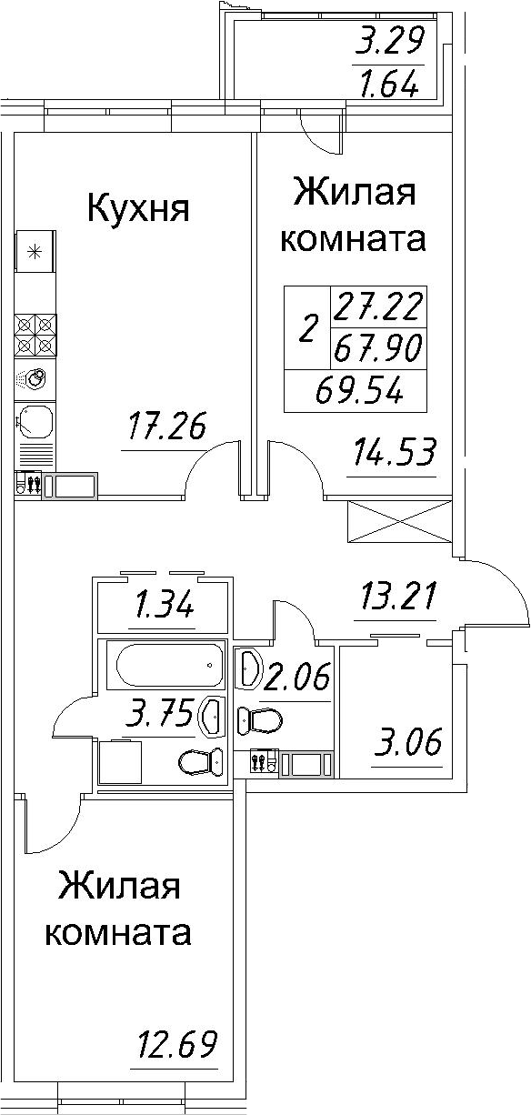Планировка — Modum, 3-комн., 68 м²