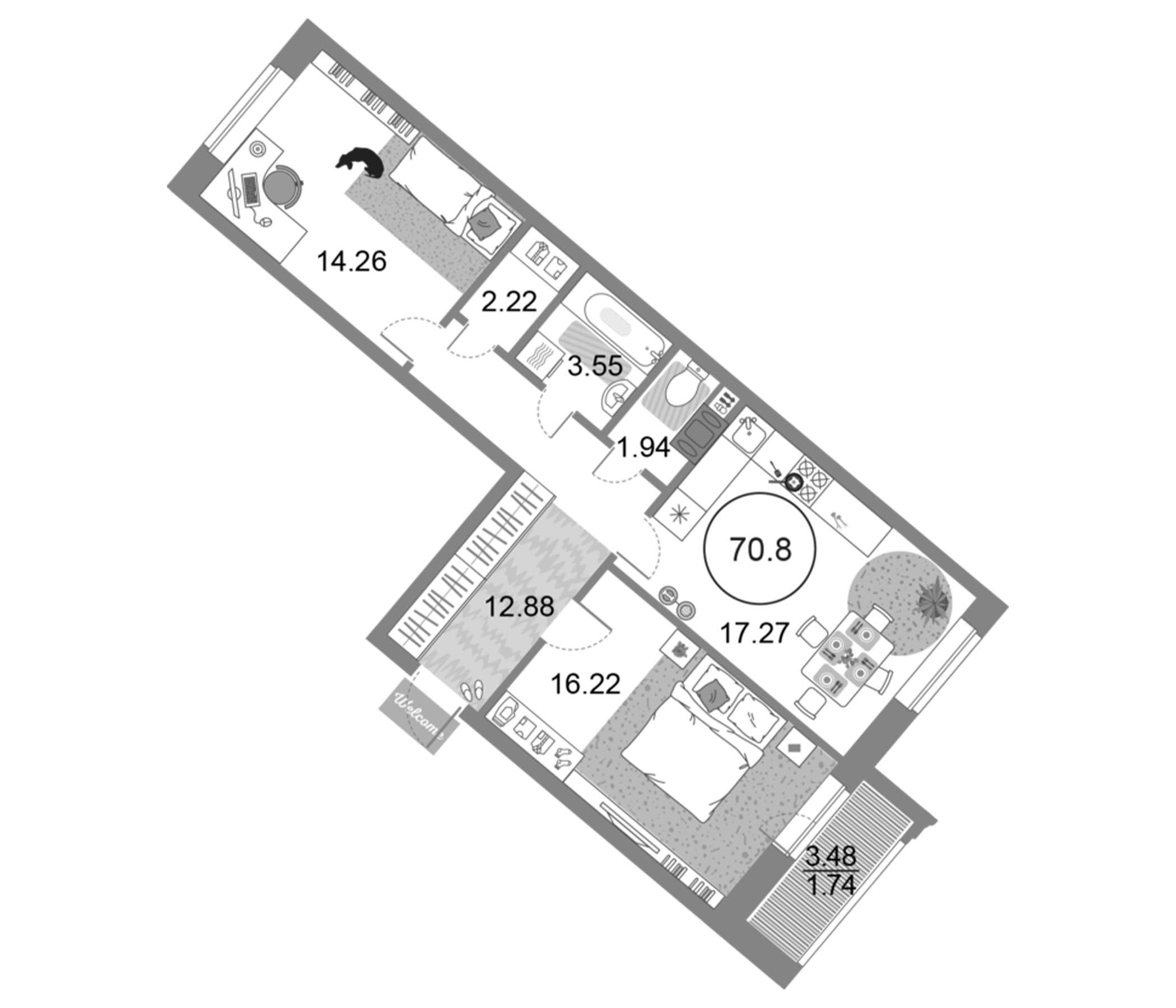 Планировка — Modum, 3-комн., 68 м²