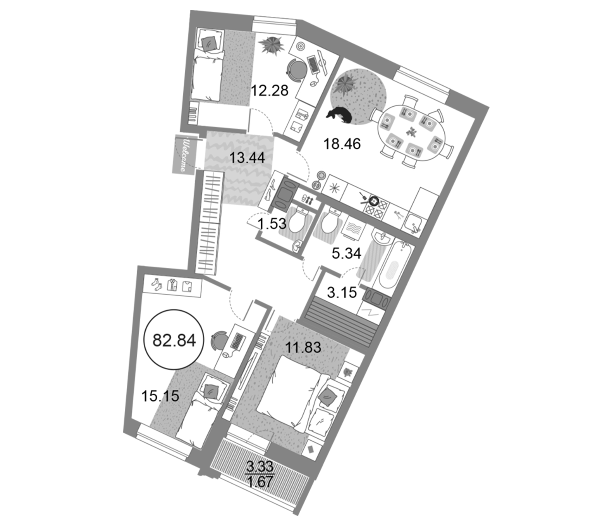 Планировка — Modum, 4-комн., 81 м²