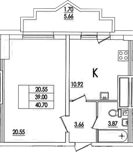 Планировка — Байрон, 1-комн., 39 м²