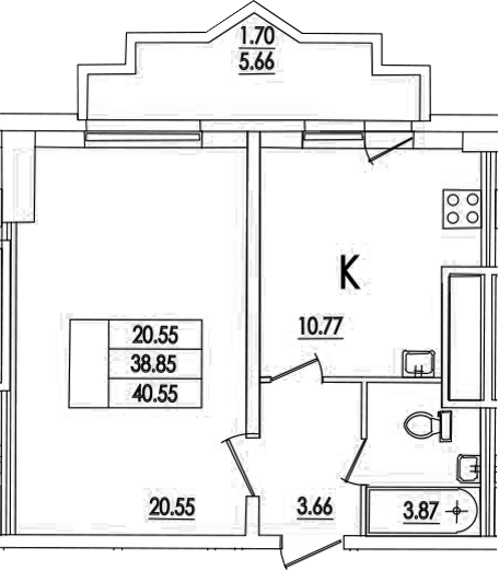 Планировка — Байрон, 1-комн., 39 м²