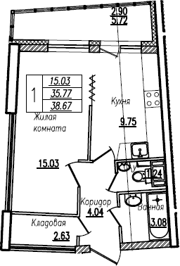 Планировка — Байрон, 1-комн., 36 м²
