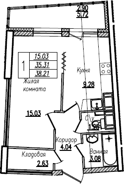 Планировка — Байрон, 1-комн., 35 м²