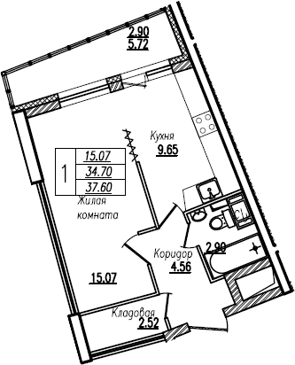 Планировка — Байрон, 1-комн., 35 м²