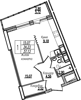 Планировка — Байрон, 1-комн., 34 м²
