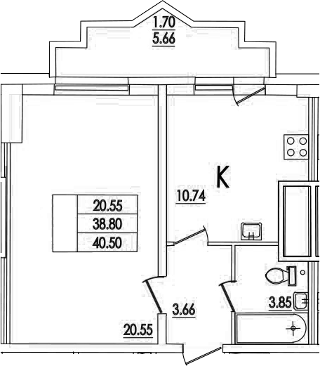 Планировка — Байрон, 1-комн., 39 м²