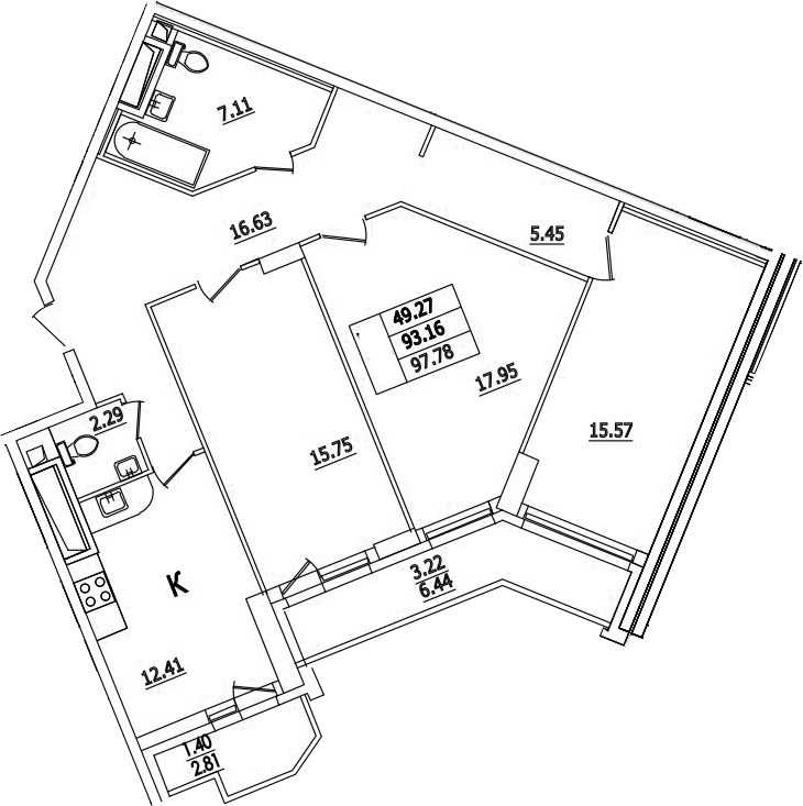 Планировка — Байрон, 3-комн., 93 м²