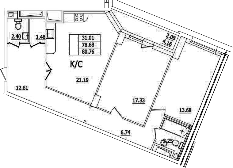 Планировка — Байрон, 3-комн., 77 м²