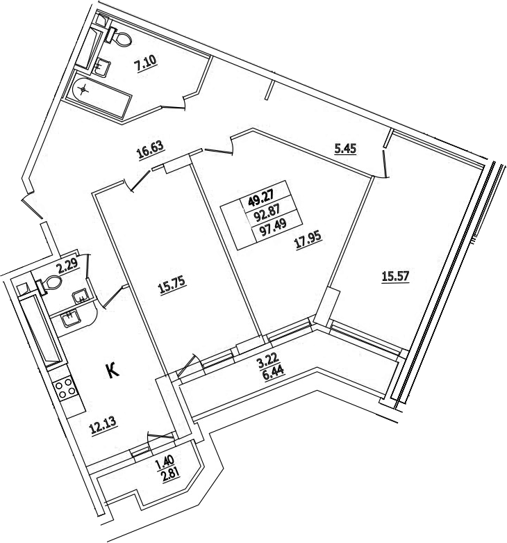 Планировка — Байрон, 3-комн., 93 м²