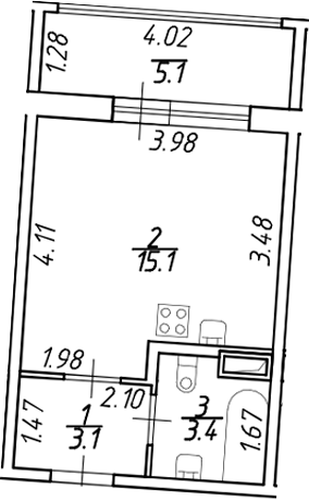 Планировка — Аквилон ZALIVE, Студия, 22 м²